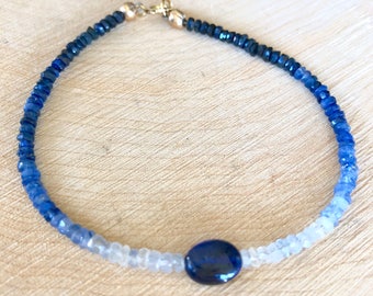 Shaded Blue Genuine Sapphire Bracelet in 14K Gold Filled, Delicate Beaded Gemstone Jewelry, Genuine Sapphire Stacking Bracelet