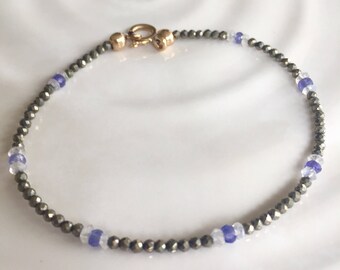 Dainty Golden Pyrite, Tanzanite, & Moonstone Stacking Bracelet, Delicate Gemstone Bracelet In 14k Gold Filled