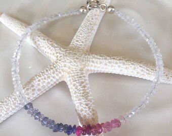 Rainbow Moonstone Beaded Bracelet: Sterling Silver, Pink Tourmaline & Iolite