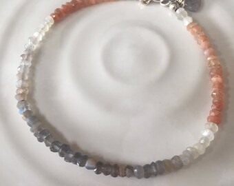 Dainty Shaded Multi Colored Moonstone Stacking Beaded Bracelet in Sterling Silver, Delicate Gemstone Bracelet