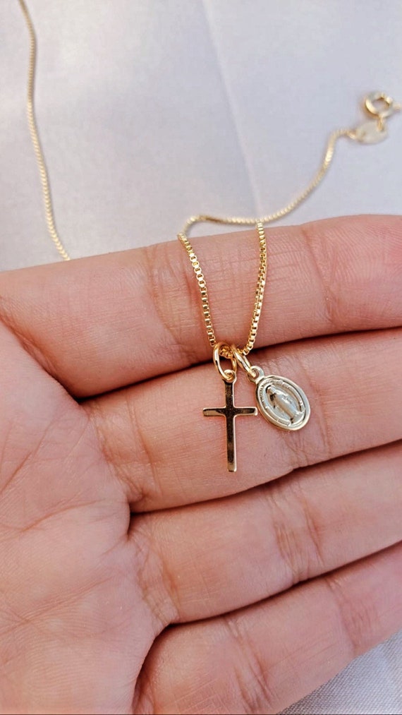 Virgin Mary With Cross Necklace , 18 K Gold filled Cross Necklace, Religious Necklace , Virgin Mary necklace, Guadalupe Necklace,virgen