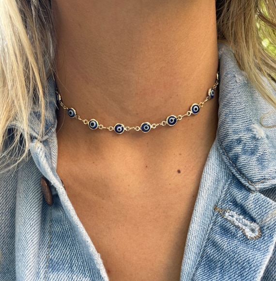 Evil eye choker necklace silver deals