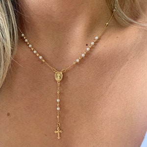 Pearl Rosary Necklace, Gold Rosary Necklaces ,Catholic Jewelry Plain Cross Confirmation Anniversary Gift, Miraculous, Dainty necklace , Gold