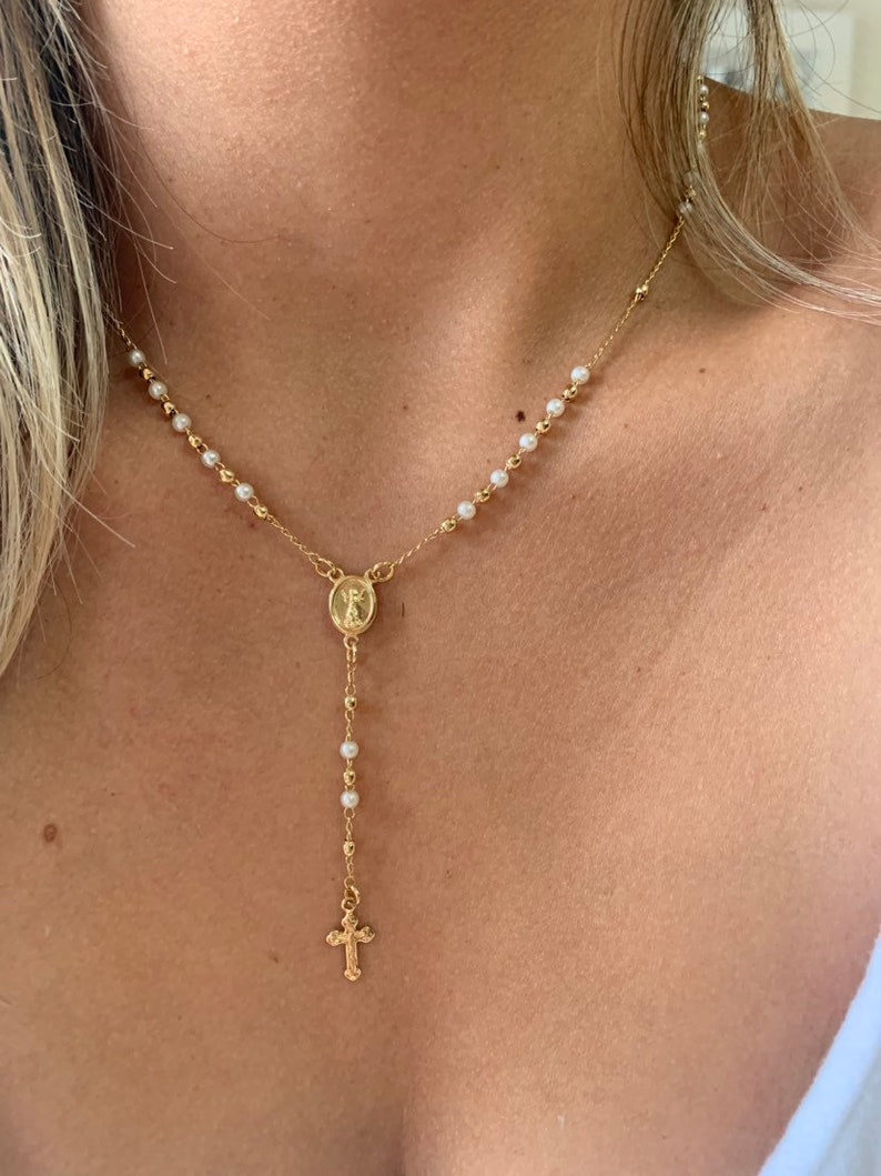 Pearl Rosary Necklace, Gold Rosary Necklaces ,Catholic Jewelry Plain Cross Confirmation Anniversary Gift, Miraculous, Dainty necklace , Gold 