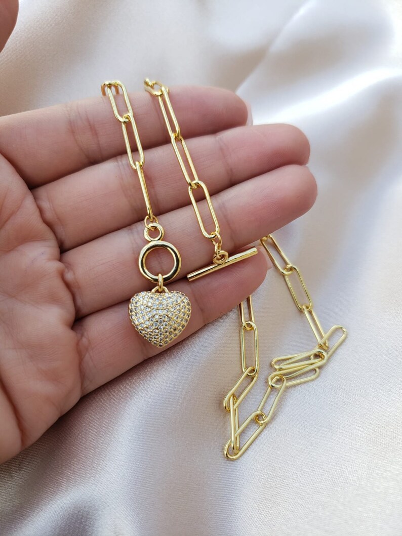 Gold Link Chain Necklace Paper Clip Heart Lariat Necklace Etsy