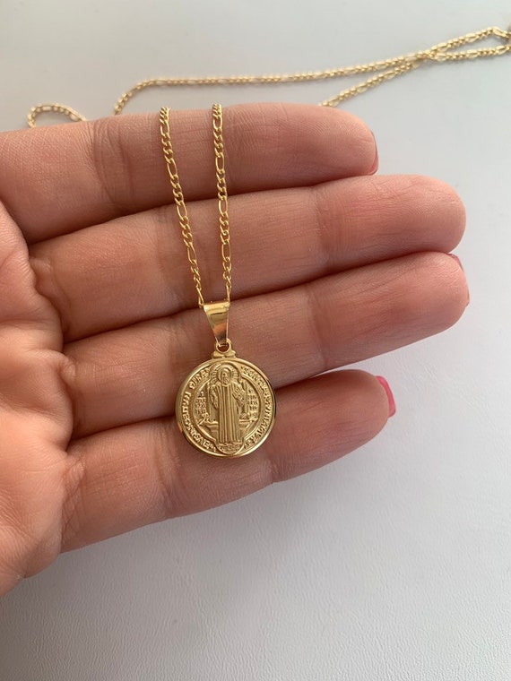 Medalla De San Benito Saint St Benedict 14k Two-Tone Gold Coin Necklace 1 