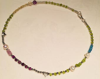 Peridot, Amethyst, Blue Topaz, Citrine, Freshwater Pearls and Sterling Silver Necklace