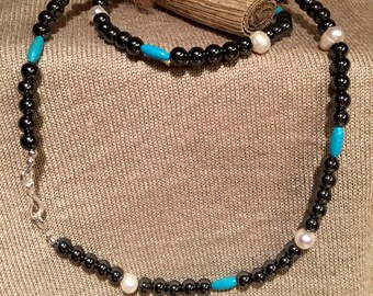 Hematite, Freshwater Pearl, and Turquoise Necklace