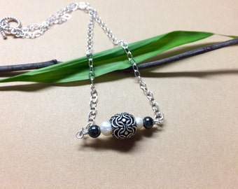 Sterling Silver Necklace with Hematite, Freshwater Pearls, and Bali Sterling Silver Bead