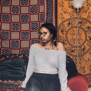 Gray blend Handmade Crochet Crop Sweater- extra long sleeve - customize order ship less than one week!