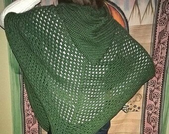 Unisex Handmade Forest Green Hooded Poncho with a front pocket, acrylic - dark sage