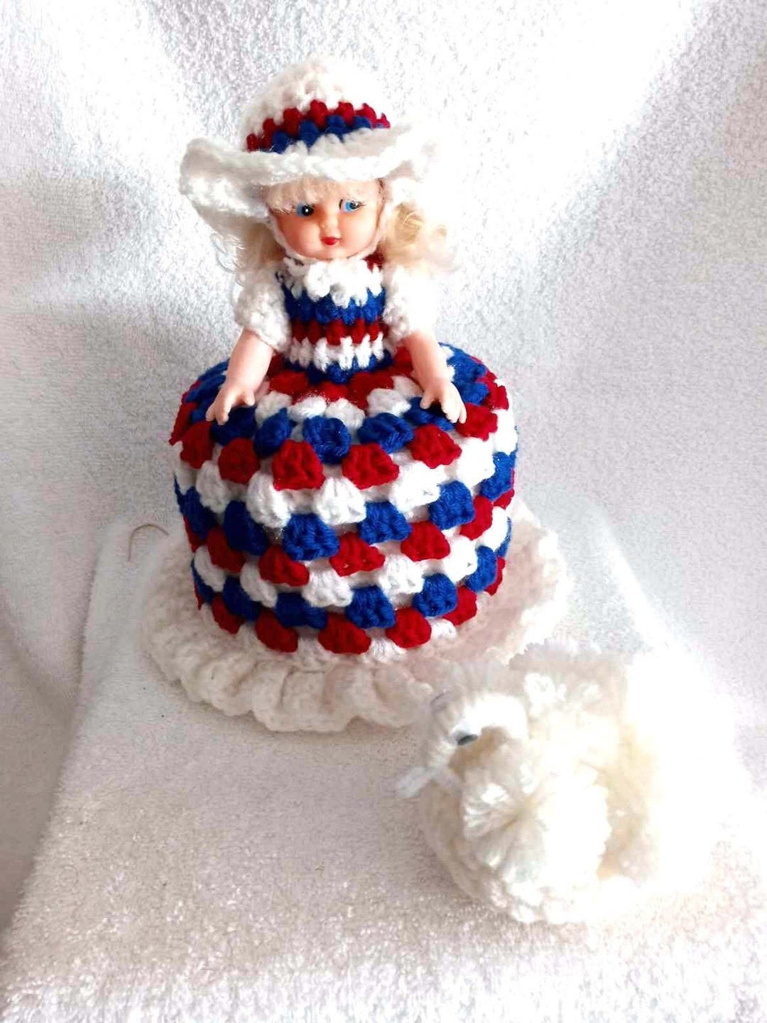 Toilet Paper Cover Doll, Crocheted Toilet Tissue Cover Doll, Red, White, Blue, FREE SHIPPING in