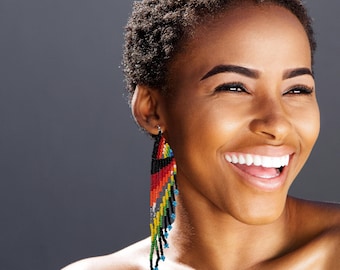 Sunset Beaded Fringe Earrings: Asymmetrical Maasai Tribal Style