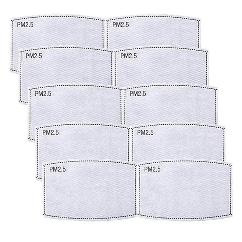 May include: A stack of ten white PM2.5 filter replacements. Each filter is rectangular with a curved bottom edge and a dotted border. The text "PM2.5" is printed in black on each filter.