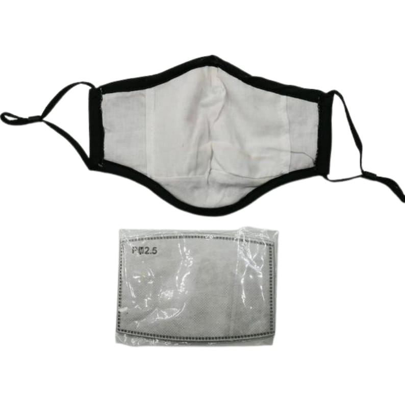 May include: A black and white face mask with adjustable ear loops. The mask has a white interior and a black trim. A PM2.5 filter is included in a clear plastic package.