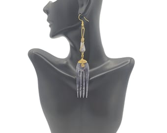Marble Batik Bone Dangle Earrings: African Tribal Brass Accents