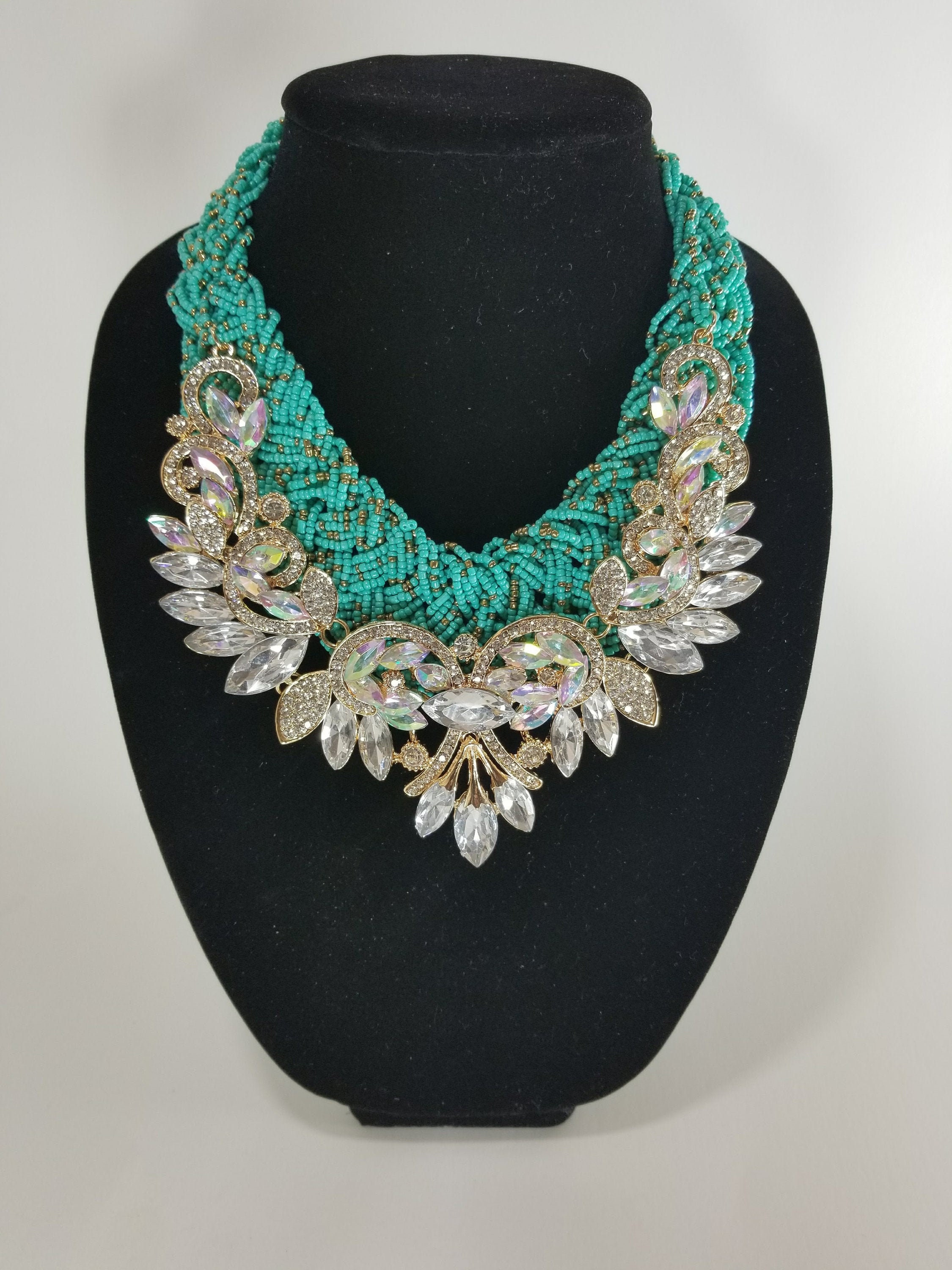 Teal Bead & Bling Necklace Seed Beads Necklace Tribal Etsy