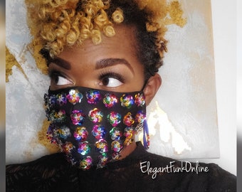 Sequin Flower Face Mask | Halloween Costume, Adjustable Fit