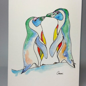 Greeting Card - Penguins ~ Ink & Watercolour Drawing