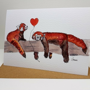 Carte de voeux Saint-Valentin - Pandas roux ~ Encre et aquarelle