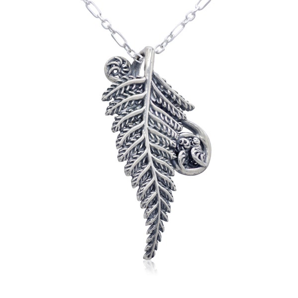 silver fern necklace, alsophilia dealbata, 3d printed design of a fern frond with 3 fiddleheads, new zealand silver fern tree, plant jewelry