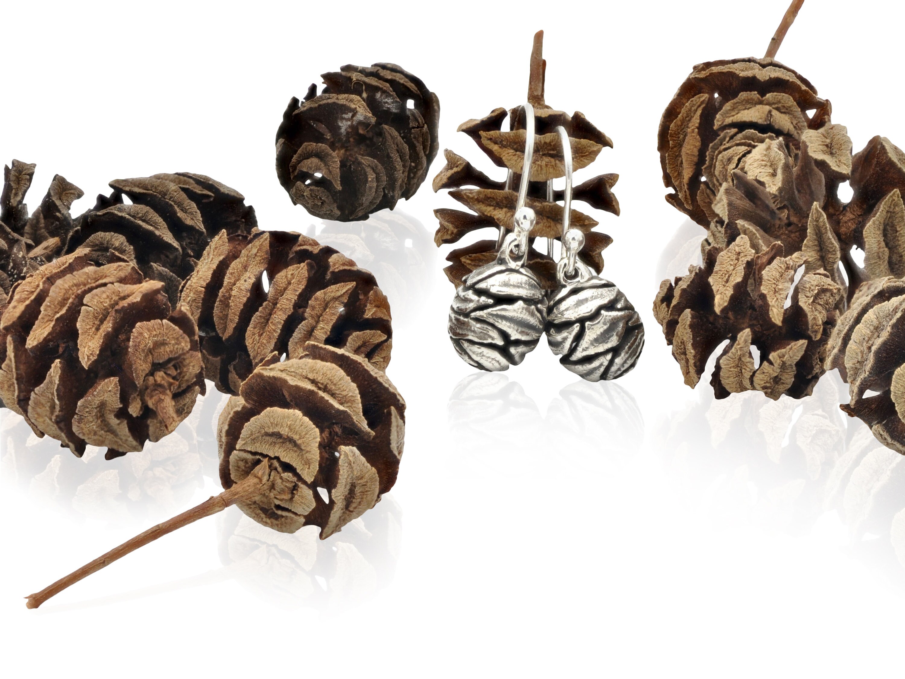 dageraadsequoia-dennenappeloorbellen, kleine dennenappels, sterlingzilveren dageraadsequoia-dennenappels, 3D-geprint ontwerp, schaduwmetalen plantensieraden