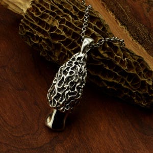 morel mushroom necklace, mushroom pendant, mycological jewelry, morel jewelry