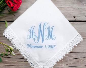 Customizable Something Blue Wedding Monogram Handkerchief, Something New Bridal Shower Gift Wedding Ceremony Bride Gift With Initials & Date