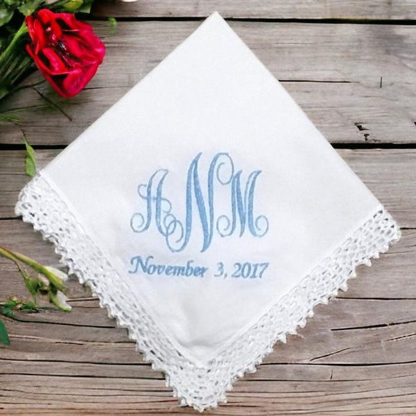Customizable Something Blue Wedding Monogram Handkerchief, Something New Bridal Shower Gift Wedding Ceremony Bride Gift With Initials & Date