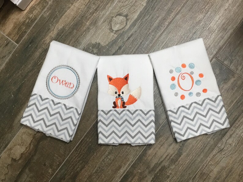 Grey and Orange Chevron burp cloth Boutique Burp Cloth Personalized Burp Cloths 3 Fox Embroidered