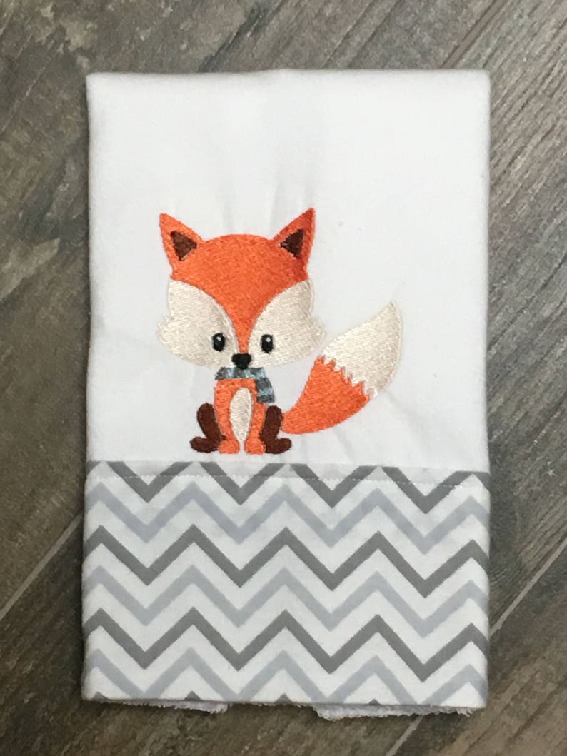 Grey and Orange Chevron burp cloth Boutique Burp Cloth Personalized Burp Cloths 3 Fox Embroidered