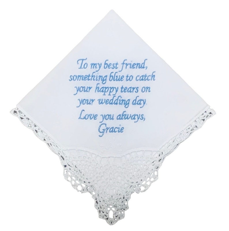 Our customizable white Something New, Something Blue handkerchief on a white background.