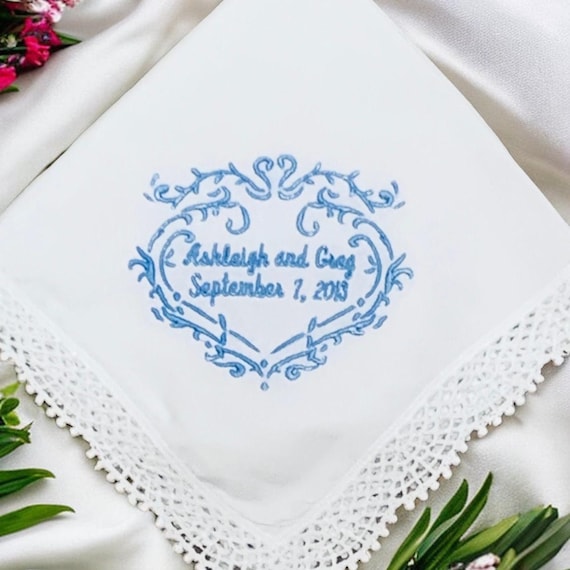 Personalized Something Blue wedding Handkerchief, bridal gift hanky, Customized wedding Gift for Bride & Groom, Custom Name Giftfor Him/ Her