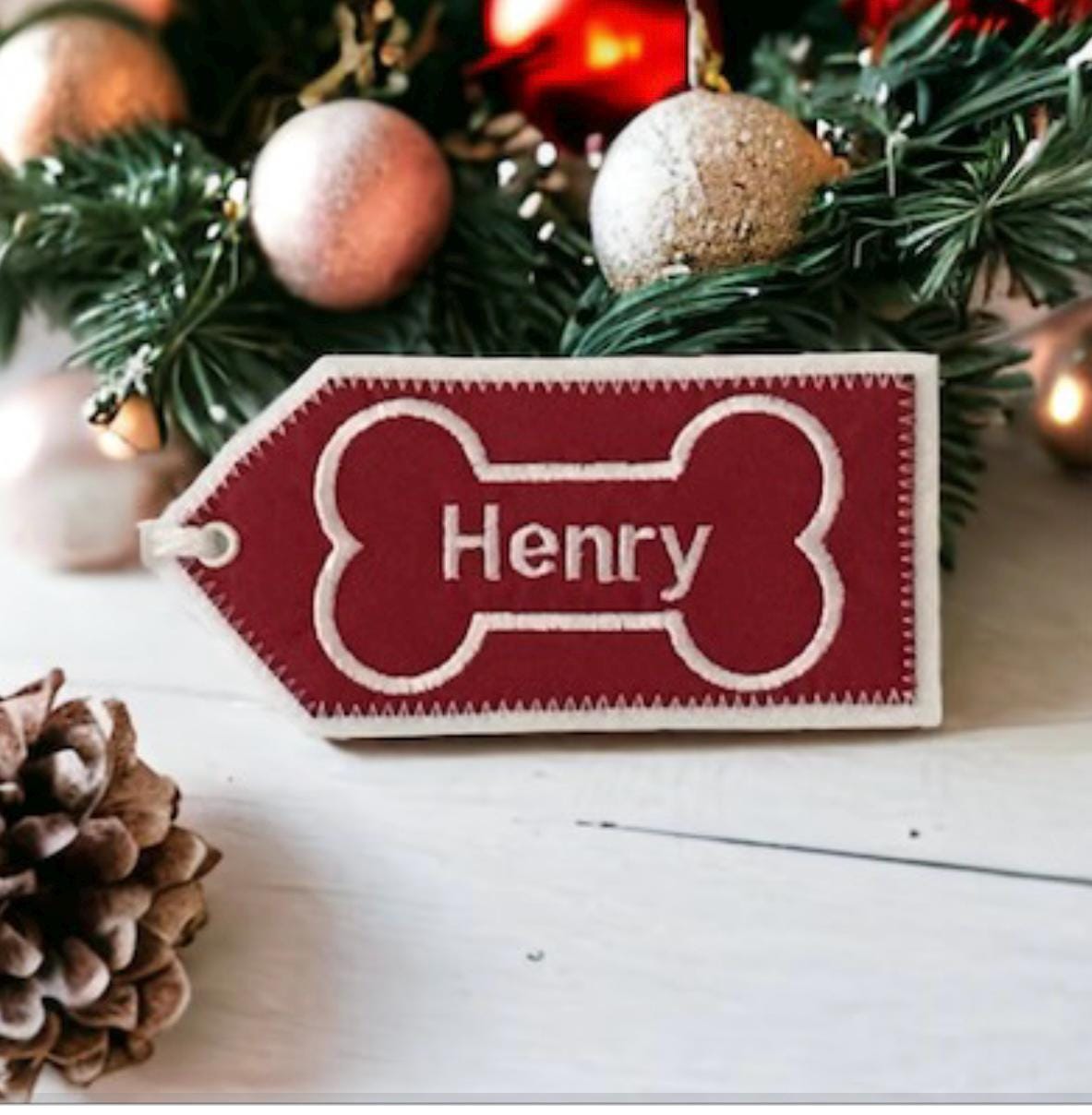 Personalized Dog Embroidered Christmas Stocking Name Tag, Fabric Gift Tag