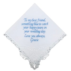 Our customizable white Something New,  Something Blue handkerchief on a white background.