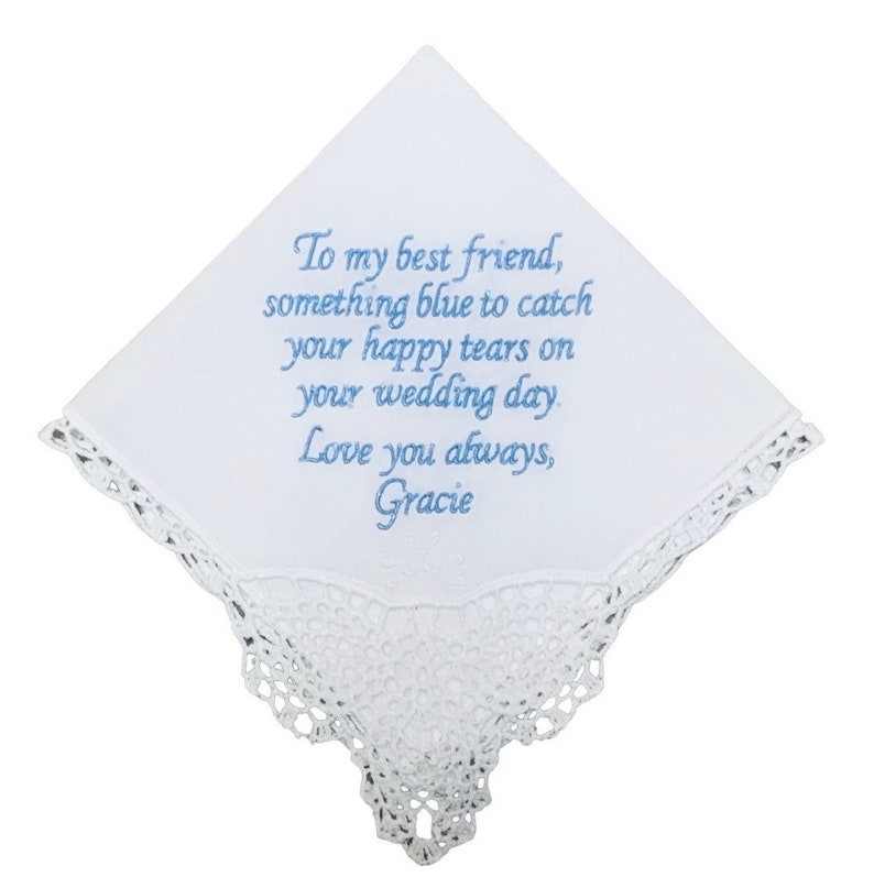 Our customizable white Something New,  Something Blue handkerchief on a white background.