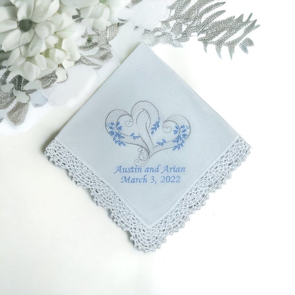 Something blue, white handkerchief, bridal gift, bride hanky, personalized wedding hanky, gift for bride, bouquet wrap