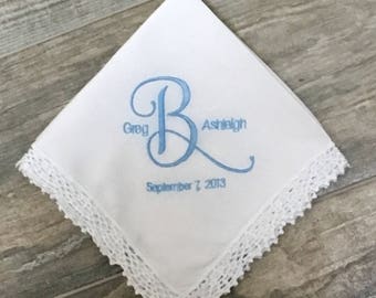 Something blue, wedding handkerchief, bridal gift, bride hanky, personalized wedding hanky, gift for bride, bouquet wrap