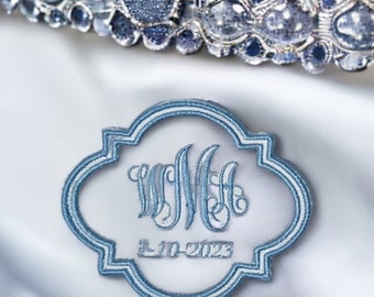 Custom Embroidered Wedding Dress Label, Bridal Initials & Date Label, Personalized Wedding Dress Satin Patch, Engagement Gown Gift for Her
