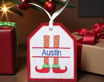 Personalized Embroidered Elf Feet Gift Tag, Christmas Stocking Tag,  Christmas Embroidered Gift Tag,  Personalized Christmas Ornament
