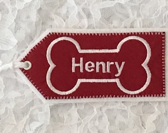 Personalized Dog Embroidered Christmas Stocking Name Tag, Fabric Embroidered Gift Tag