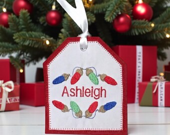 Personalized Embroidered Christmas Light Gift Tag, Christmas Stocking Tag,  Christmas Embroidered Gift Tag,  Personalized Christmas Ornament