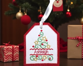 Personalized Embroidered Christmas Tree Gift Tag, Christmas Stocking Tag,  Christmas Embroidered Gift Tag,  Personalized Christmas Ornament