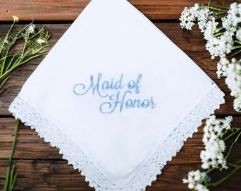 Maid of Honor handkerchief,  Something Blue,  Bridal Party Handkerchief,  wedding handkerchief, personalized wedding hanky, bouquet wrap