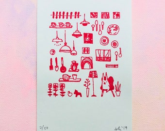 Scandinavian Motifs, Minimalist Design, Limited Edition Gocco Print by Komopoko, Riso Print, Screen Print, Art Print