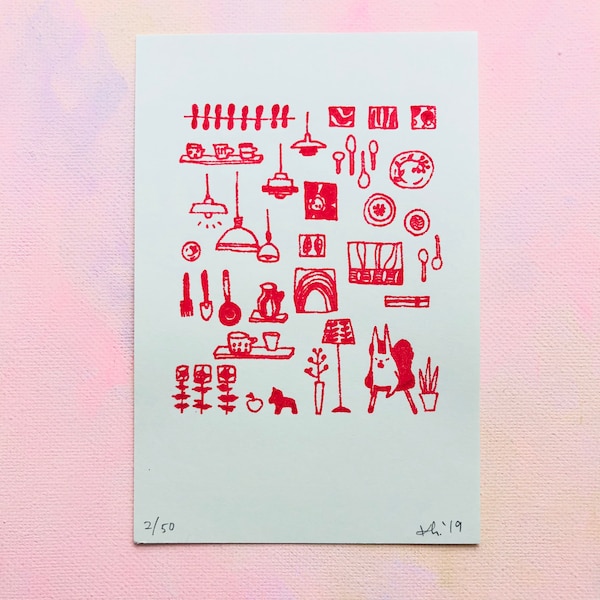Scandinavian Motifs, Minimalist Design, Limited Edition Gocco Print by Komopoko, Riso Print, Screen Print, Art Print