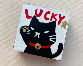 Lucky Black Cat Painting Block, Original Cat Art on Wood Block, Cute Cat Art, 1