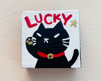 Lucky Black Cat Painting Block, Original Cat Art on Wood Block, Cute Cat Art, 3