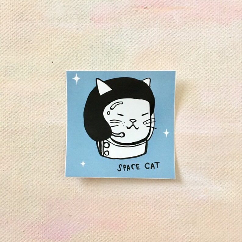 K&ouml;nnte beinhalten: Ein blauer Aufkleber mit einer wei&szlig;en Katze, die einen schwarzen Helm tr&auml;gt, und dem Text "SPACE CAT".
