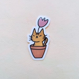 Pegatina de vinilo troquelada con diseño de tulipán y gato floreciente de Komopoko